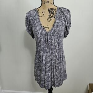 Kristin Davis Gray Print Dress Mini Short Sleeve Sweetheart Stretch Women Sz M
